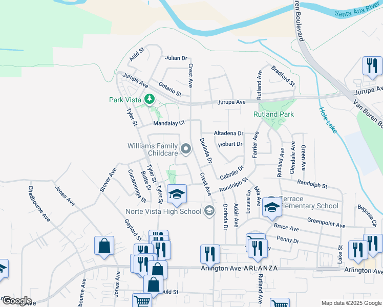 map of restaurants, bars, coffee shops, grocery stores, and more near 10020 Leucadia Lane in Riverside