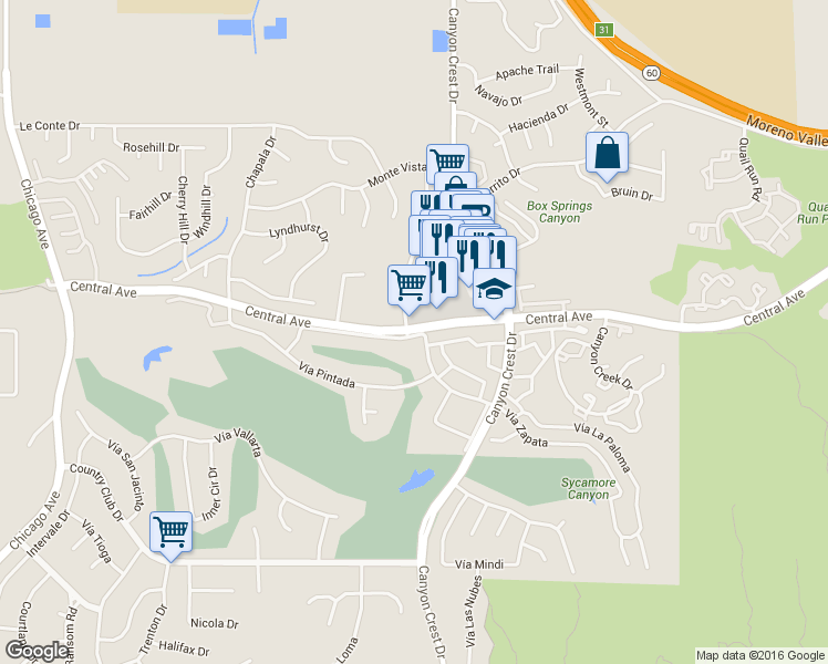 map of restaurants, bars, coffee shops, grocery stores, and more near 1000 Central Avenue in Riverside