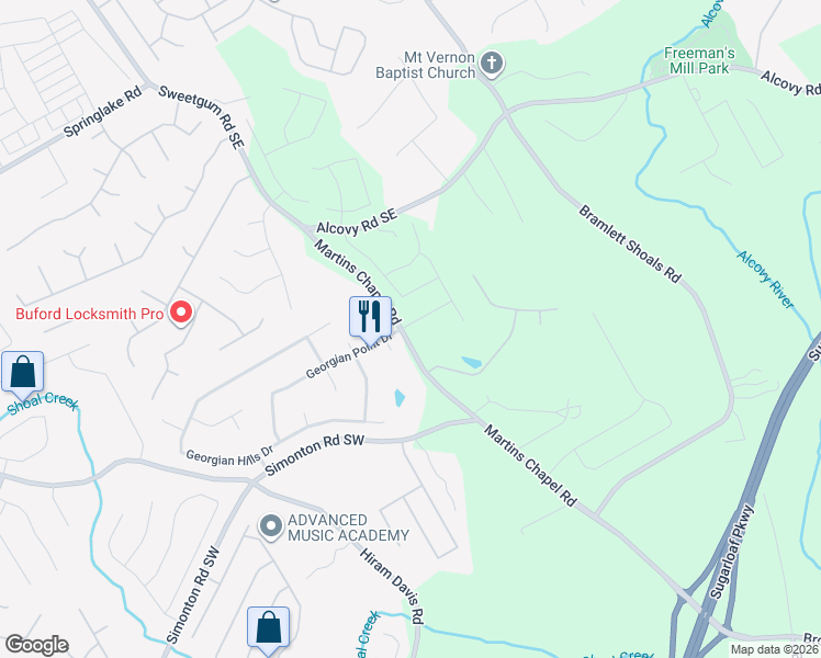 map of restaurants, bars, coffee shops, grocery stores, and more near 1150 Martins Down Drive Southeast in Lawrenceville