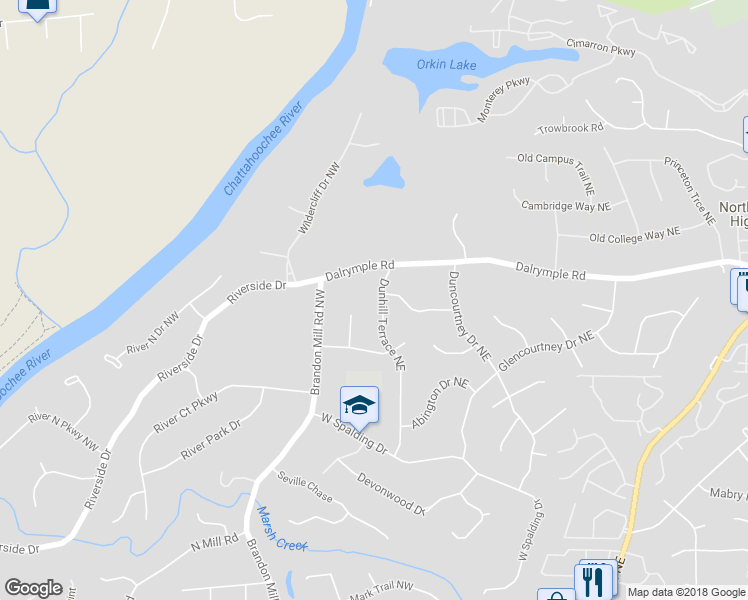 map of restaurants, bars, coffee shops, grocery stores, and more near 7280 Dunhill Terrace Northeast in Atlanta