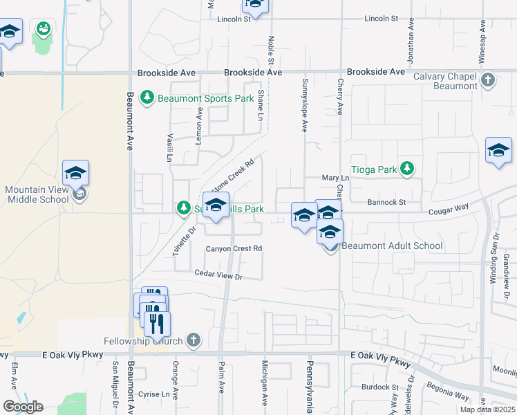map of restaurants, bars, coffee shops, grocery stores, and more near 881 Cougar Ranch Road in Beaumont