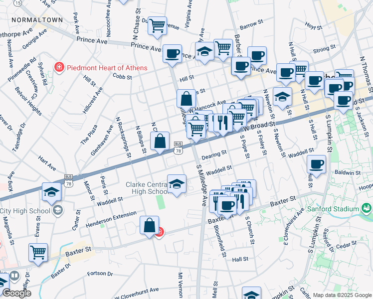 map of restaurants, bars, coffee shops, grocery stores, and more near 4 Dearing Street in Athens