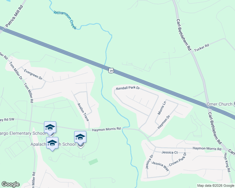 map of restaurants, bars, coffee shops, grocery stores, and more near 898 Kendall Park Drive in Winder
