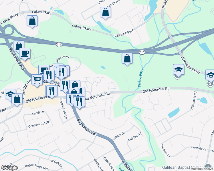 map of restaurants, bars, coffee shops, grocery stores, and more near 1538 Park Grove Drive in Lawrenceville