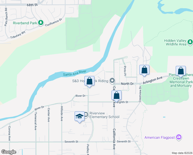 map of restaurants, bars, coffee shops, grocery stores, and more near 379 North Drive in Norco