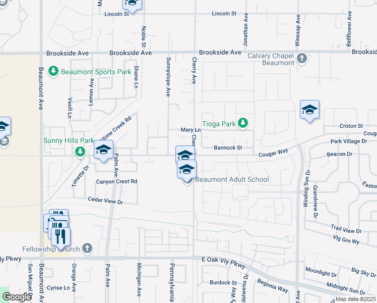 map of restaurants, bars, coffee shops, grocery stores, and more near 39980 Cougar Way in Beaumont