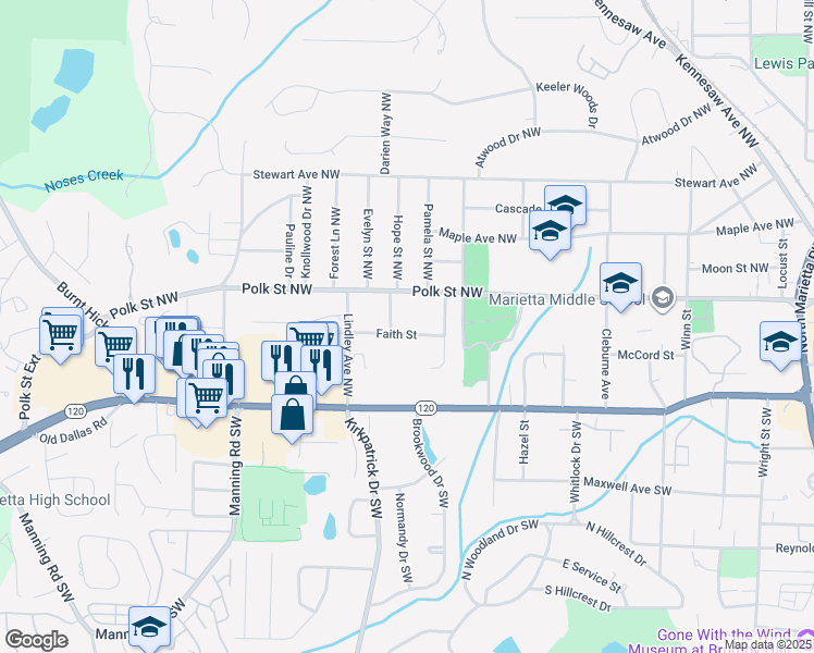 map of restaurants, bars, coffee shops, grocery stores, and more near 533 Faith Street in Marietta