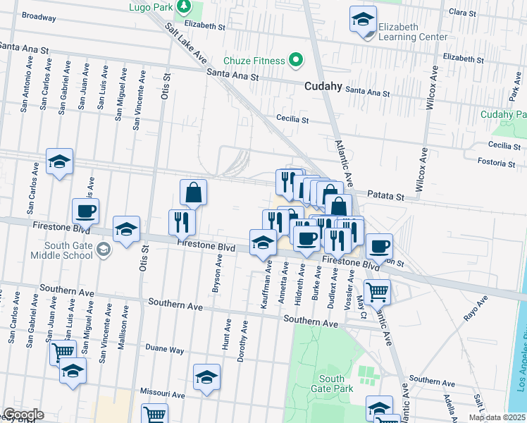 map of restaurants, bars, coffee shops, grocery stores, and more near 4559 Firestone Boulevard in South Gate