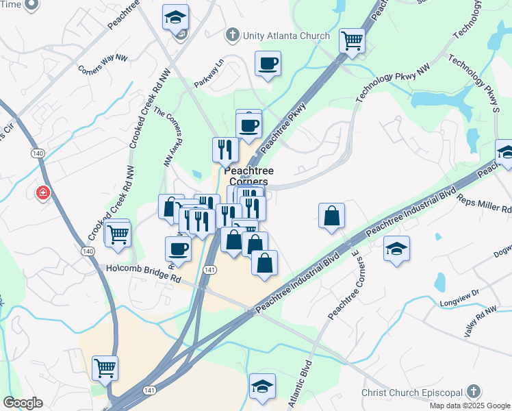 map of restaurants, bars, coffee shops, grocery stores, and more near 450 Technology Parkway Northwest in Norcross