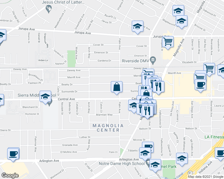 map of restaurants, bars, coffee shops, grocery stores, and more near 4545 Sunnyside Drive in Riverside