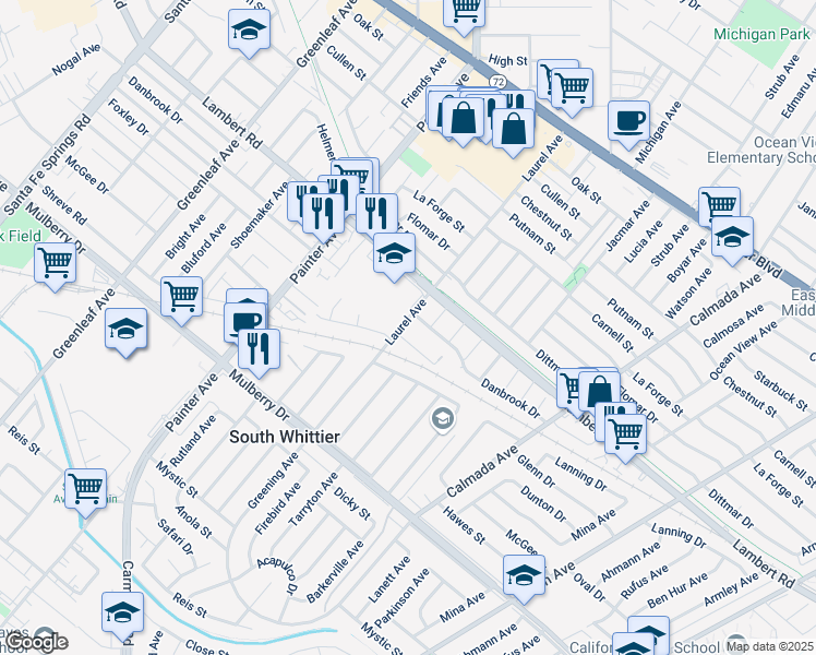 map of restaurants, bars, coffee shops, grocery stores, and more near 9052 Laurel Avenue in Whittier