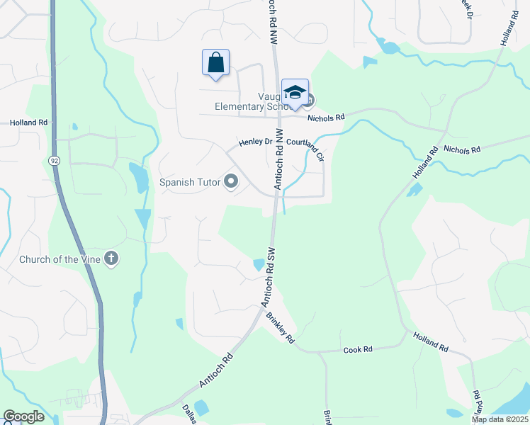 map of restaurants, bars, coffee shops, grocery stores, and more near 50 Antioch Road in Powder Springs
