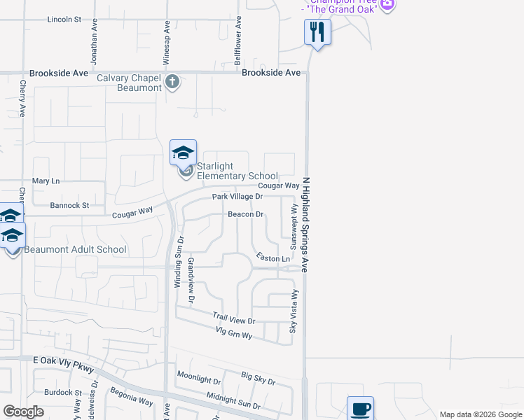 map of restaurants, bars, coffee shops, grocery stores, and more near 1648 Beacon Drive in Beaumont