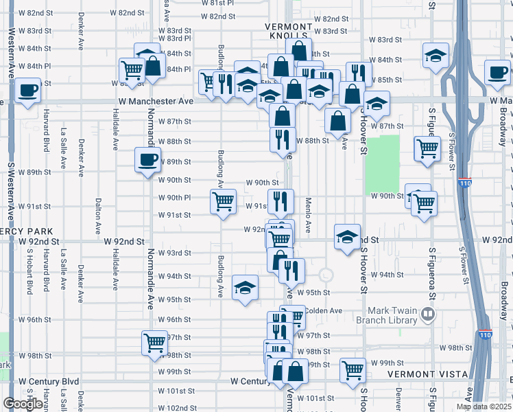 map of restaurants, bars, coffee shops, grocery stores, and more near 1026 West 91st Street in Los Angeles