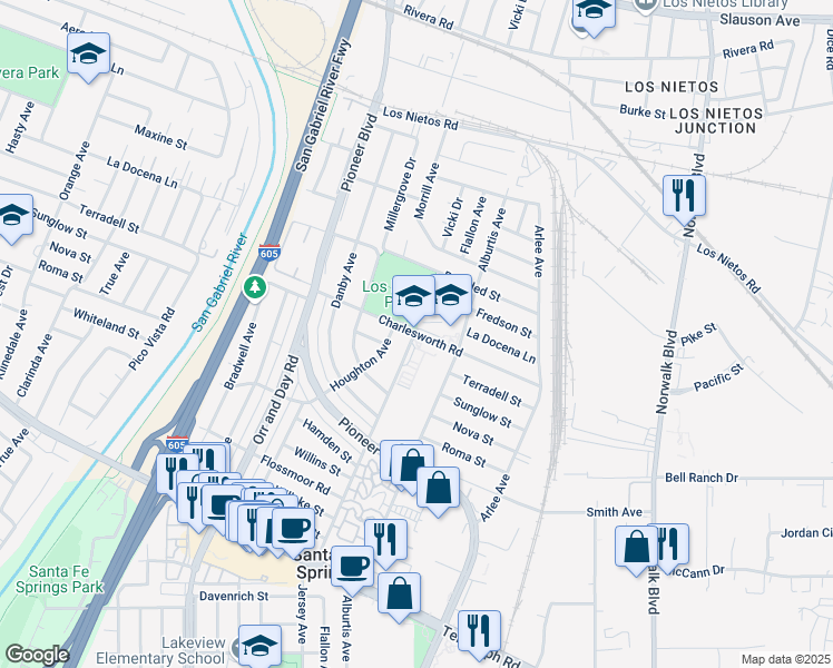 map of restaurants, bars, coffee shops, grocery stores, and more near 9400 Jersey Avenue in Santa Fe Springs