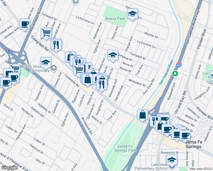 map of restaurants, bars, coffee shops, grocery stores, and more near 8903 Klinedale Avenue in Pico Rivera