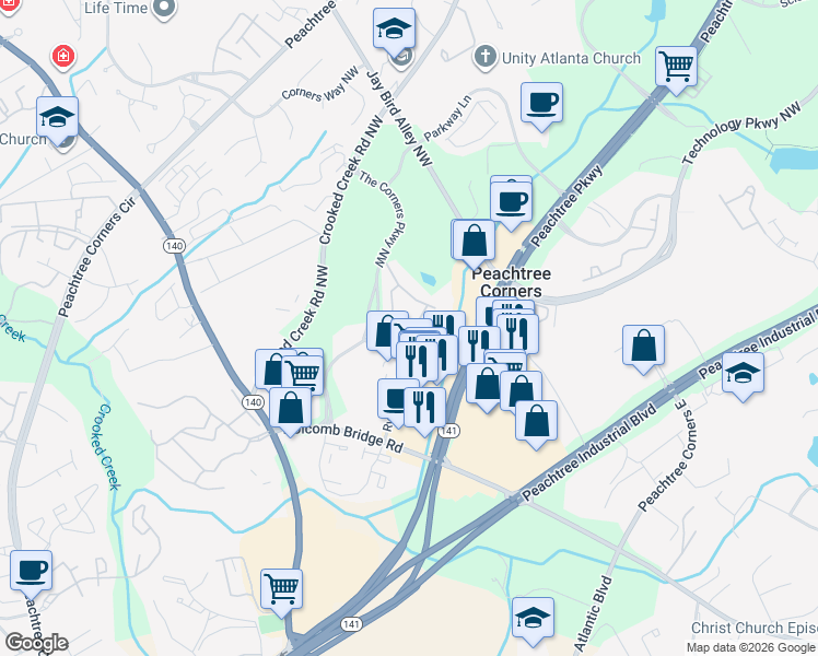 map of restaurants, bars, coffee shops, grocery stores, and more near 6076 Tennyson Park Way Northwest in Norcross