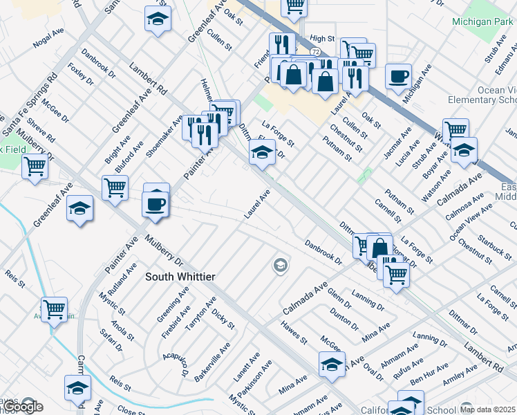 map of restaurants, bars, coffee shops, grocery stores, and more near 9052 Laurel Avenue in Whittier