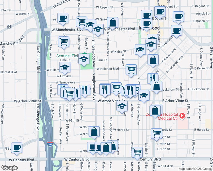map of restaurants, bars, coffee shops, grocery stores, and more near 305 Magnolia Avenue in Inglewood