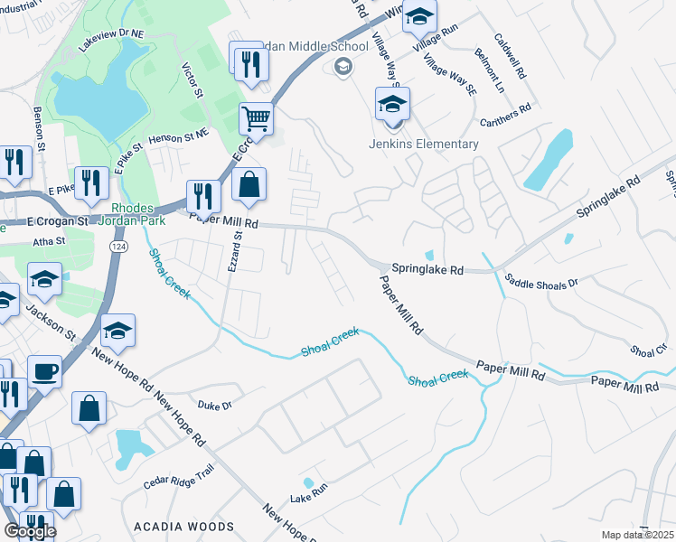 map of restaurants, bars, coffee shops, grocery stores, and more near Green Bridge Court in Lawrenceville