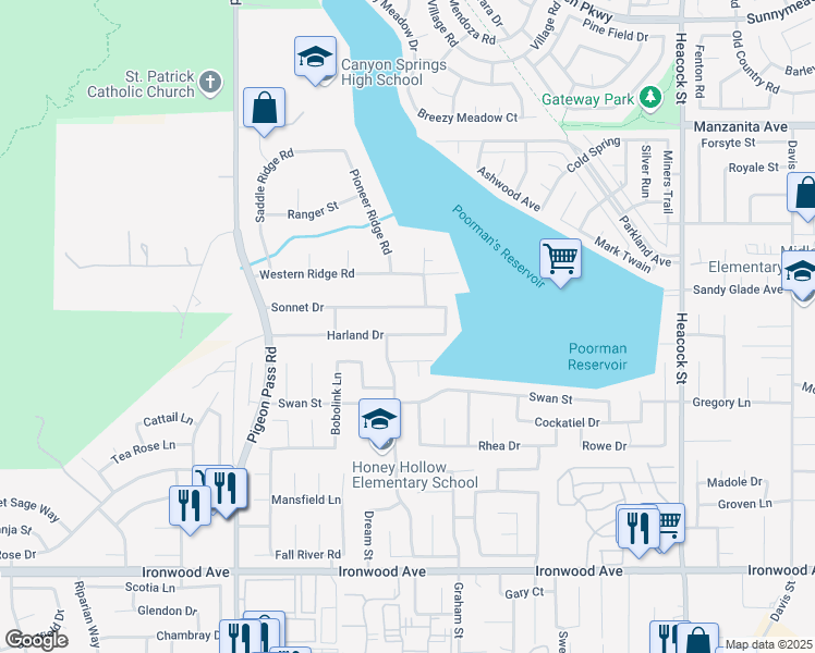 map of restaurants, bars, coffee shops, grocery stores, and more near 23378 Harland Drive in Moreno Valley