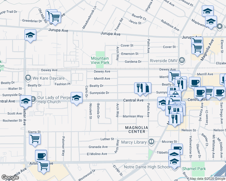 map of restaurants, bars, coffee shops, grocery stores, and more near 4746 Sunnyside Drive in Riverside