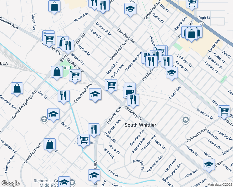 map of restaurants, bars, coffee shops, grocery stores, and more near 13238 Mulberry Drive in Whittier