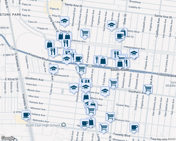 map of restaurants, bars, coffee shops, grocery stores, and more near 8942 Evergreen Avenue in South Gate