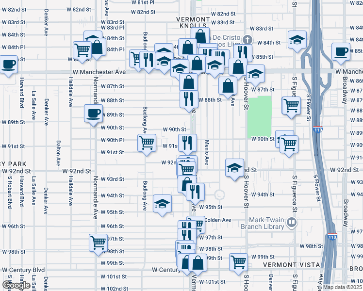 map of restaurants, bars, coffee shops, grocery stores, and more near 1026 West 91st Street in Los Angeles