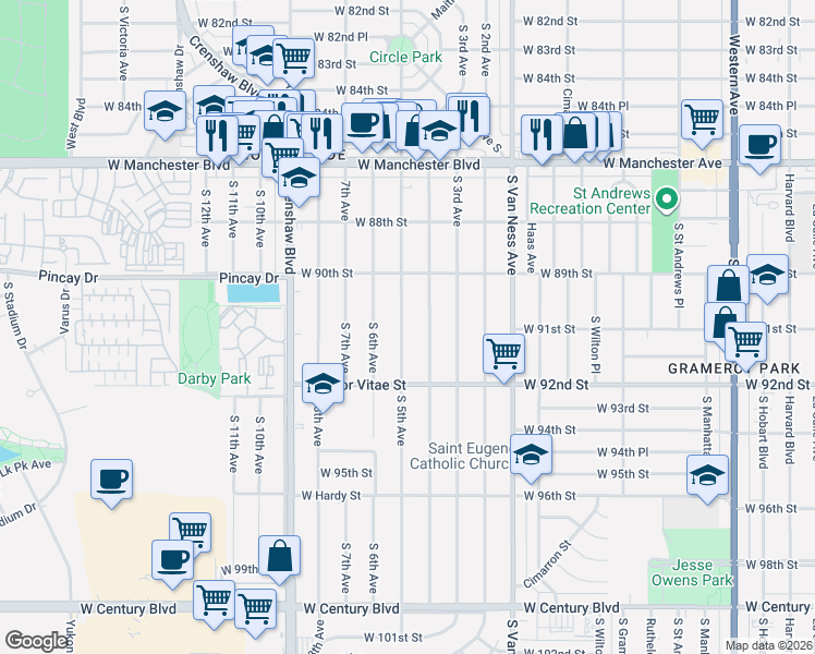 map of restaurants, bars, coffee shops, grocery stores, and more near 9133 South 4th Avenue in Inglewood