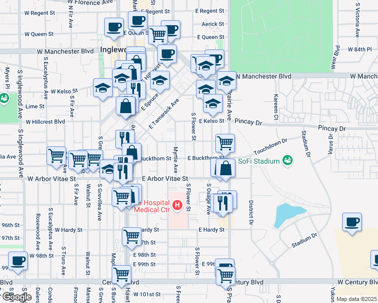 map of restaurants, bars, coffee shops, grocery stores, and more near 801 South Flower Street in Inglewood