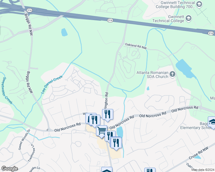 map of restaurants, bars, coffee shops, grocery stores, and more near 1335 Herrington Road in Lawrenceville