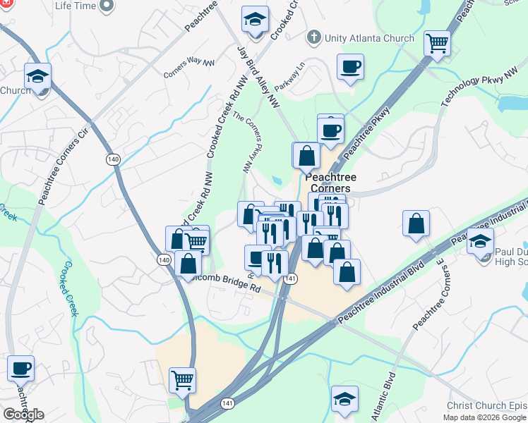 map of restaurants, bars, coffee shops, grocery stores, and more near 6076 Tennyson Park Way Northwest in Norcross