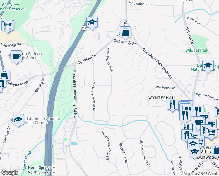 map of restaurants, bars, coffee shops, grocery stores, and more near 7300 Twin Branch Road Northeast in Atlanta