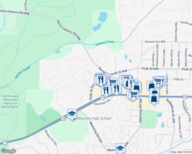 map of restaurants, bars, coffee shops, grocery stores, and more near 925 Burnt Hickory Circle Northwest in Marietta