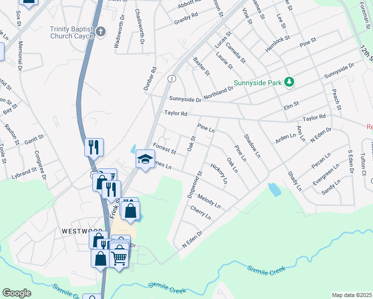 map of restaurants, bars, coffee shops, grocery stores, and more near 1646 Oak Street in Cayce