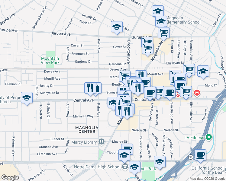 map of restaurants, bars, coffee shops, grocery stores, and more near 4310 Sunnyside Drive in Riverside
