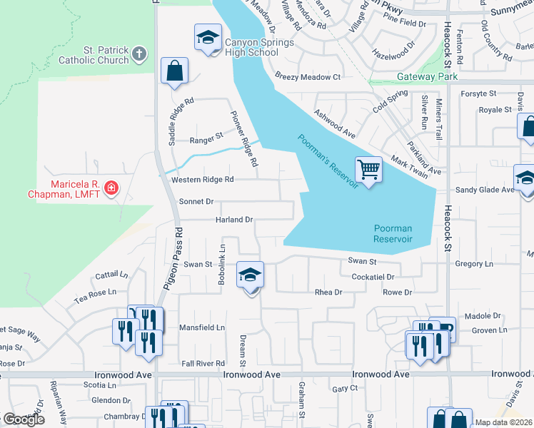 map of restaurants, bars, coffee shops, grocery stores, and more near 23378 Harland Drive in Moreno Valley
