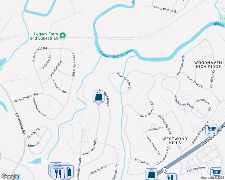 map of restaurants, bars, coffee shops, grocery stores, and more near 364 Cherokee Ridge in Athens
