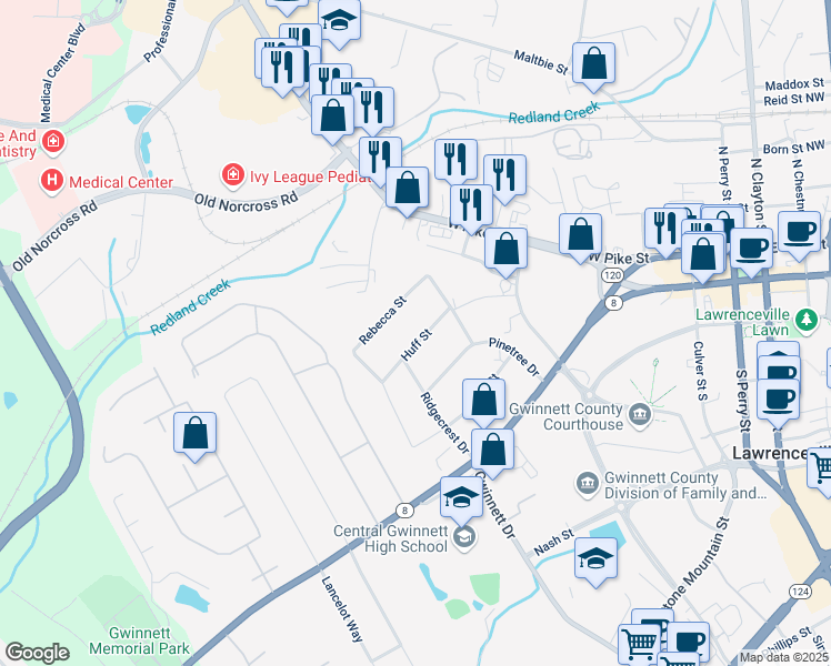 map of restaurants, bars, coffee shops, grocery stores, and more near 566 Huff Street in Lawrenceville