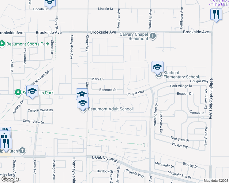 map of restaurants, bars, coffee shops, grocery stores, and more near 1357 Bannock Street in Beaumont