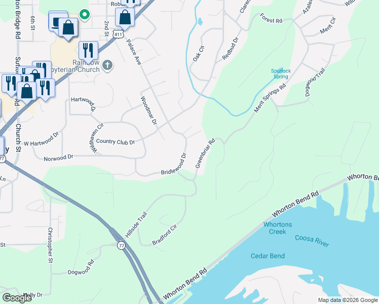 map of restaurants, bars, coffee shops, grocery stores, and more near 128 Bridlewood Drive in Gadsden