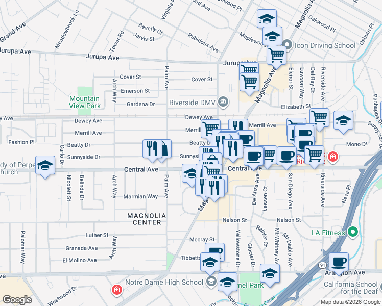 map of restaurants, bars, coffee shops, grocery stores, and more near 4311 Sunnyside Drive in Riverside