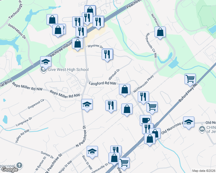map of restaurants, bars, coffee shops, grocery stores, and more near 1128 Carroll Court Northwest in Norcross