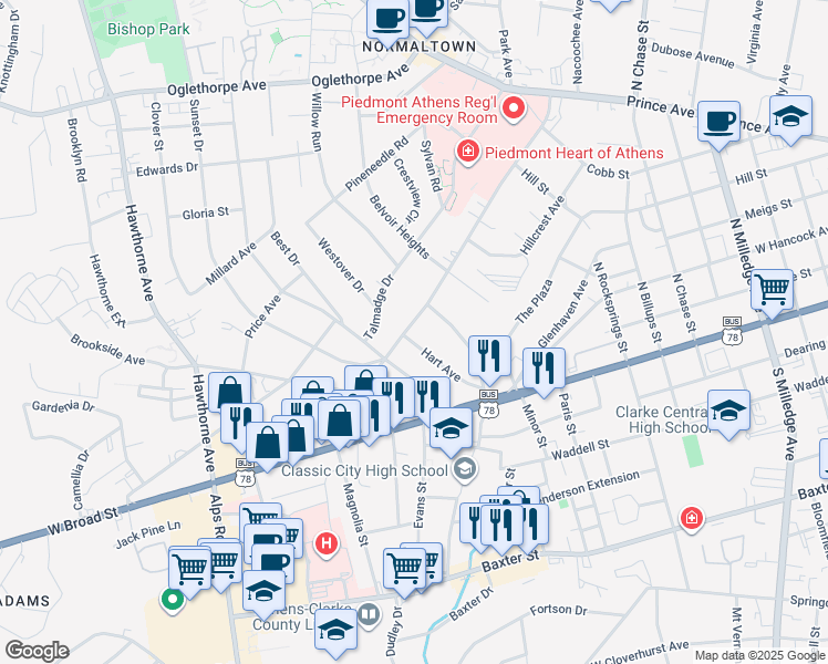 map of restaurants, bars, coffee shops, grocery stores, and more near 160 Hart Avenue in Athens