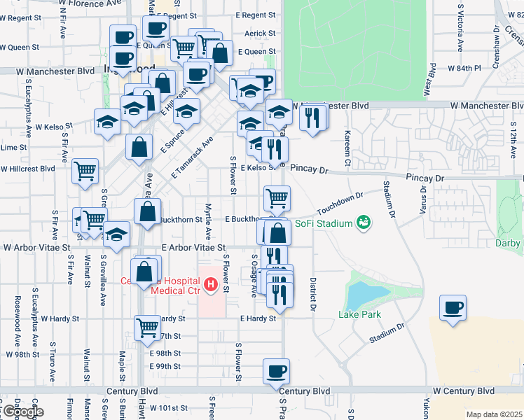 map of restaurants, bars, coffee shops, grocery stores, and more near 716 South Osage Avenue in Inglewood