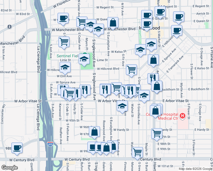 map of restaurants, bars, coffee shops, grocery stores, and more near 305 Magnolia Avenue in Inglewood