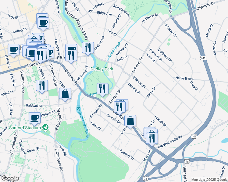 map of restaurants, bars, coffee shops, grocery stores, and more near 267 South Poplar Street in Athens
