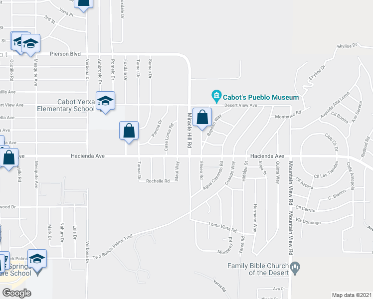 map of restaurants, bars, coffee shops, grocery stores, and more near 12955 Miracle Hill Road in Desert Hot Springs