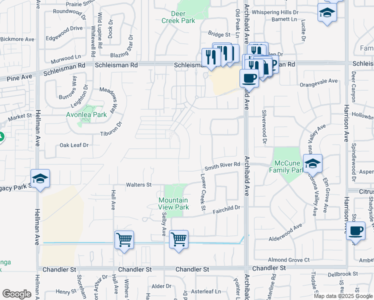 map of restaurants, bars, coffee shops, grocery stores, and more near 14405 Narcisse Drive in Corona